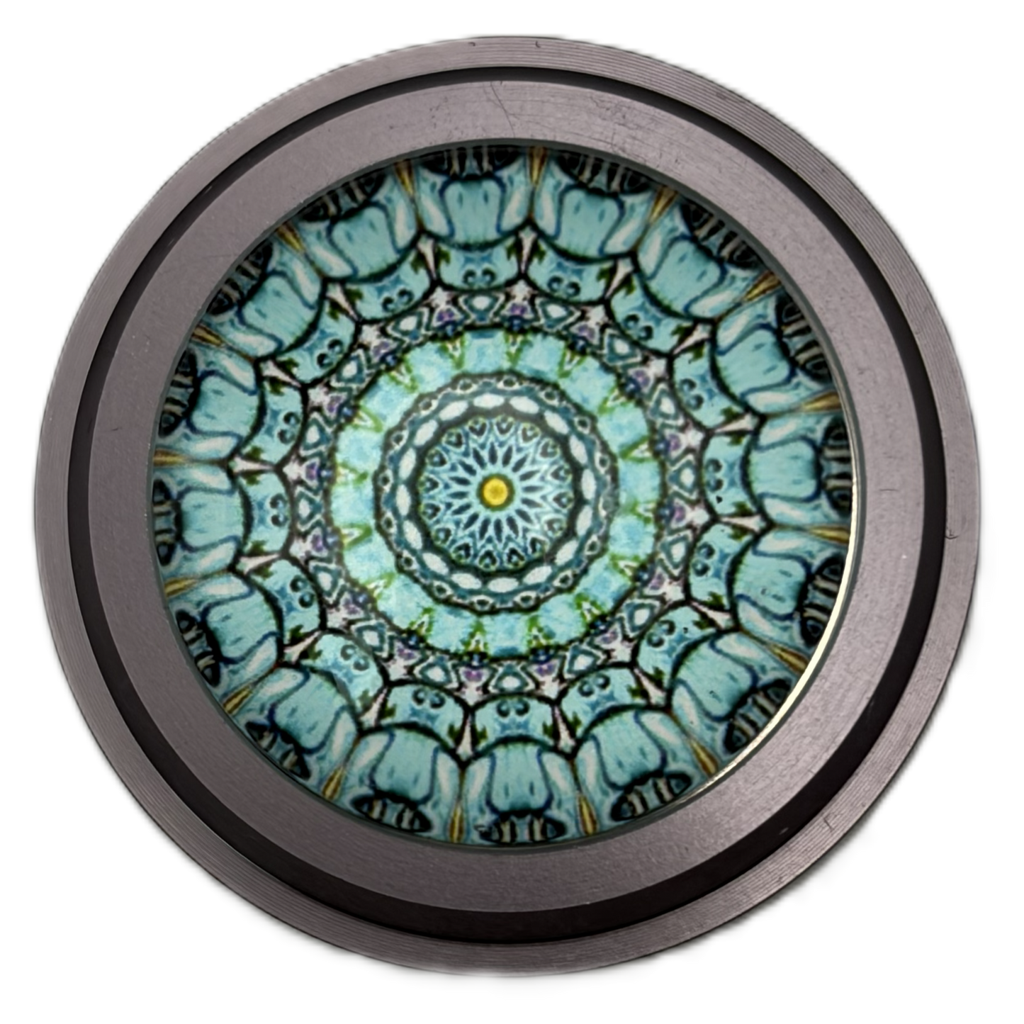 Pewter button with decorative inserts